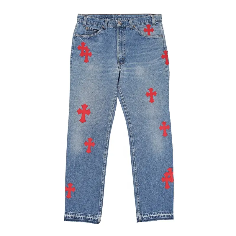 Custom blue jeans pants with red cross patch distressed cross jeans men ripped jeans with patches