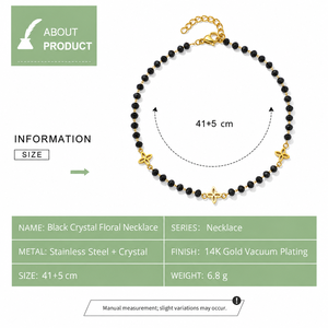 Collier floral en cristal noir, acier inoxydable, plaqué or 14 carats, chaîne à perles, 41+5 cm, 6,8 g - Product Image 3