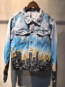 Stock personnalisé pour hommes sous marque privée OEM <span class=keywords><strong>veste</strong></span> <span class=keywords><strong>en</strong></span> <span class=keywords><strong>jean</strong></span> pour hommes peinte à la main <span class=keywords><strong>en</strong></span> bleu livraison directe - Product Image 2