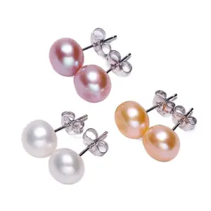 6-6.5mm 925 silver freshwater pearl earrings in china wholesale flat back pearl studs