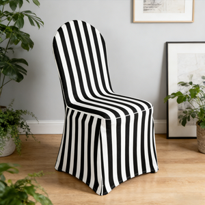 Copertura della sedia in Spandex elasticizzato a strisce bianche e nere <span class=keywords><strong>per</strong></span> matrimonio Hotel <span class=keywords><strong>sala</strong></span> <span class=keywords><strong>da</strong></span> <span class=keywords><strong>pranzo</strong></span> materiale resistente in poliestere - Product Image 1