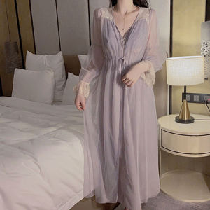 Ensemble de pyjama de nuit sexy de haute qualité, confortable, en dentelle jacquard et satin, avec robe de chambre en maille - Product Image 4