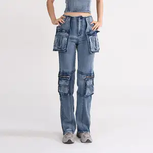 בגדי רחוב קז'ואל אופנוע רוכסן כיס שקית מטען כחול ג'ינס עיצוב חדש אחרון לנשים ג'ינס לנשים מתאים למכנסיים ישרים