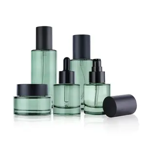 Glass Cream Jar with Press Pump Elegant Green Glass Cosmetic Container for Moisturizer