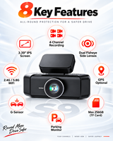 Caméra de tableau de bord 4CH Mini 4K UHD avec objectif fisheye 360 °   Caméra embarquée WiFi GPS grand angle avec enregistreur vidéo et moniteur de stationnement