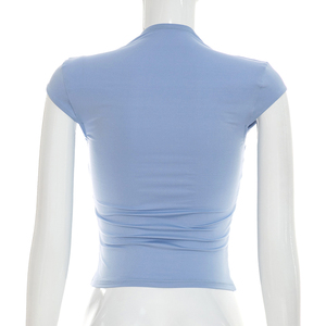 Viviblook J26TP207 T-shirt d'été pour femme, nouveau haut court uni à manches courtes et découpe sur la poitrine - Product Image 3