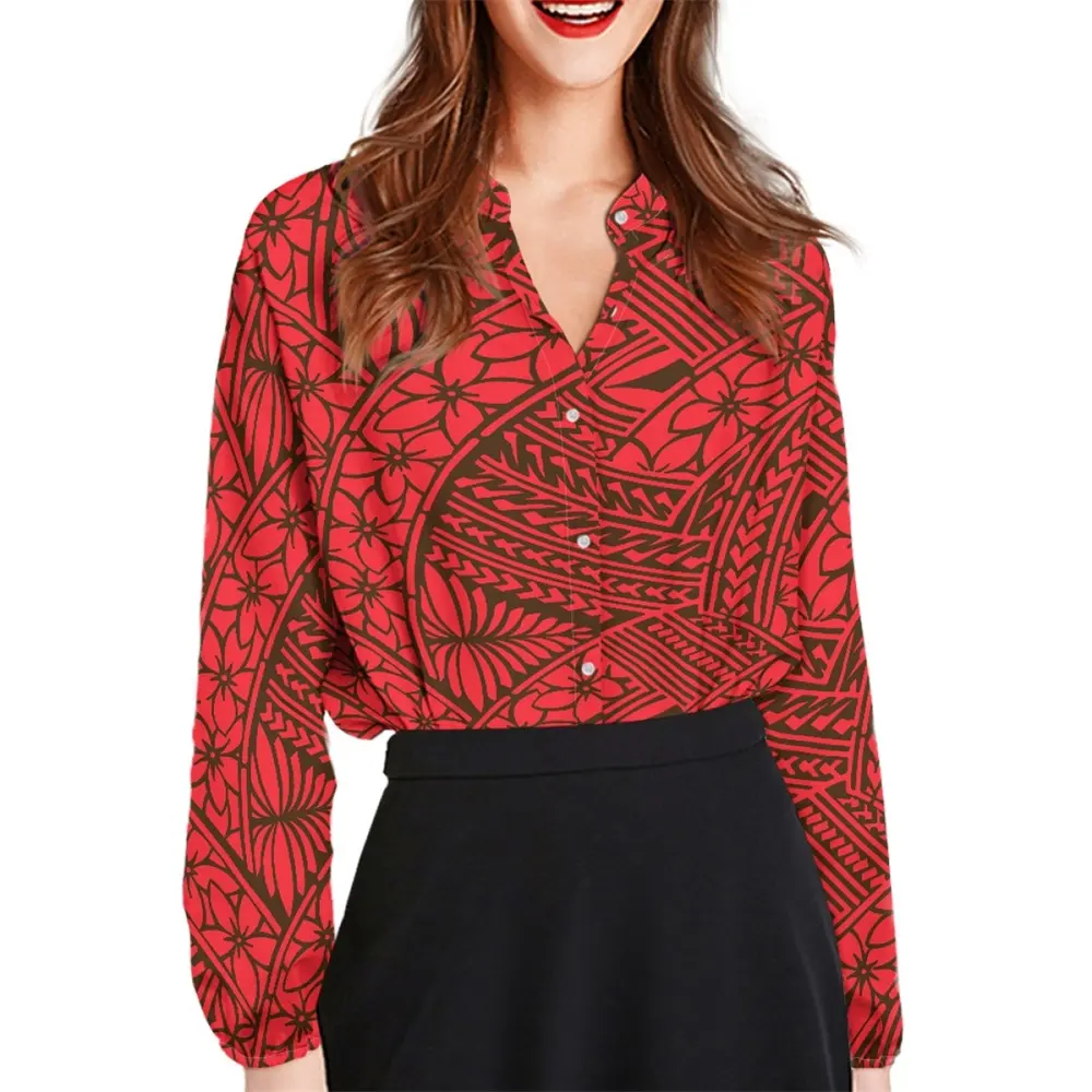Blusen für Büro Damen Polynesian Tribal Kleidung Samoa Red Print Benutzer definierte Langarm Top Plus Size Button Down Shirt Frauen