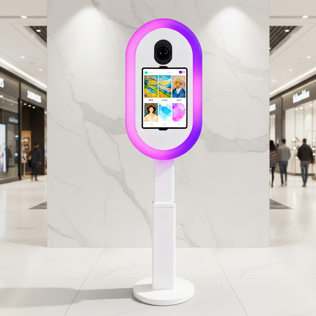 Portable iPad Photo Booth Kiosk with RGB Ring Light, Adjustable Height Selfie Booth for Wedding Party Events