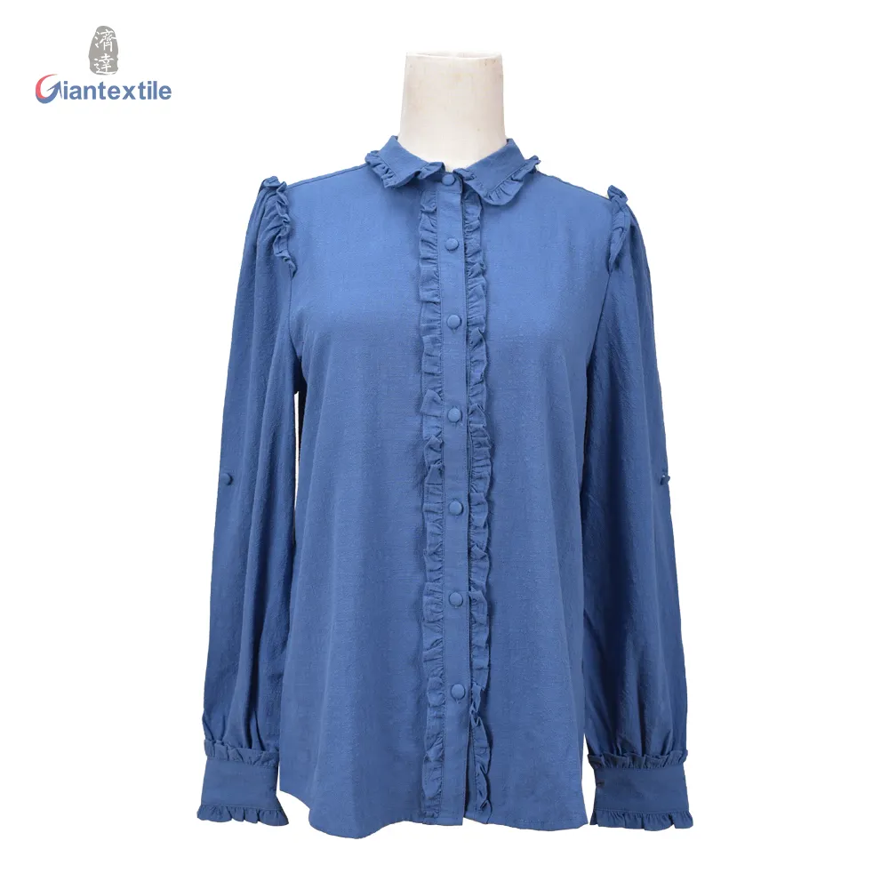 Giantextile-Top Superior de algodón 100% liso para mujer, con volantes, azul