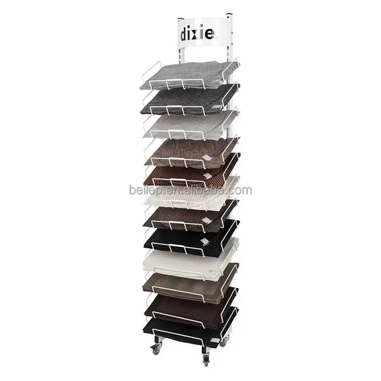 Floor Metal Wire Shelf Placemat Display Rack With 4 Wheel