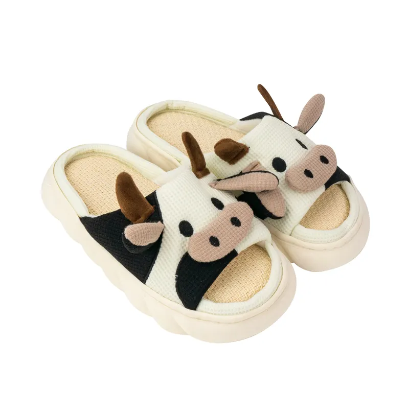 Animal en peluche mikecow doux unisexe ouvert mignon visage moelleux pelucheux pantoufles chaussures PVC semelle antidérapante fourrure sourire visage gros pantoufles