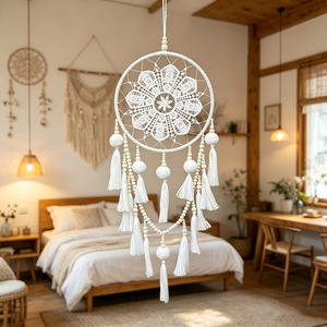 Atrapasueños Redondo de Poliéster Blanco con Borlas, Estilo Campestre, Tejido a Mano, Decoración para Colgar en la Pared - Product Image 2