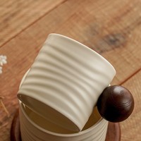 Tasse à café en céramique avec anse en bois 150ml 320ml, tasse à latte texturée ondulée avec soucoupe ronde en bois, vaisselle de café