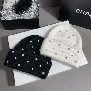 Gorro de lana para mujer, cálido para invierno, tejido grueso con pedrería, cubrecabezas moderno, negro, blanco, rosa, gris - Product Image 2