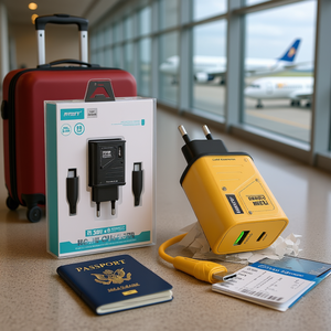 Adaptateurs de voyage à charge rapide double port Ansty Q-034 38W avec câble C-C noir - Product Image 2