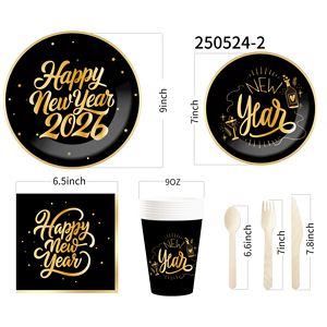 DAMAI New Years Eve Party Supplies Happy New Year Tableware Set <b>Disposable</b> Paper Plates Paper Cup Napkins and Wooden Cutlery - Product Image 5