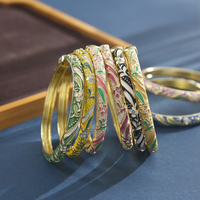 Gelang Berengsel Enamel Motif Bunga Gaya Cloisonne, Gelang Berpola Bunga Lukis Vintage Berlapis Emas, Perhiasan Fashion Elegan