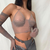 2021 estate nuove signore di modo crop top sexy Scollo A V in pizzo up mesh vedere attraverso brevi parti superiori