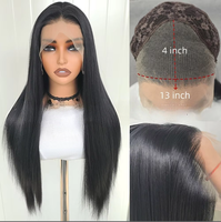 Perruque synthétique Lace Front 13*4 droite réglable, mi-longue, noire, en fibres mélangées haute température, avec devant noué à la main, aspect naturel