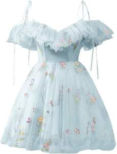 Koude Schouder Tule Homecoming Jurk Korte Tieners Formele Cocktail Party Prom Jurken Bloem Borduurwerk Avond Quinceanera Jurken - Product Image 6