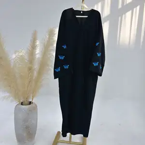 Latest Custom Abaya Muslim Dress Simple Design Elegant Dress Delicate Butterfly Embroidery Cardigan Open Abaya Designs