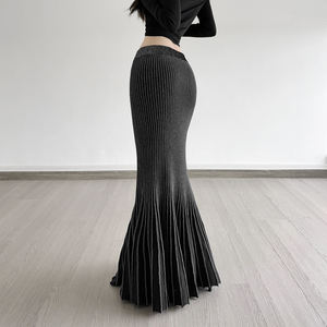 Falda larga retro de punto con costuras en contraste, estilo gótico oscuro, corte sirena, cintura alta y ajuste ceñido para mujer - Product Image 6