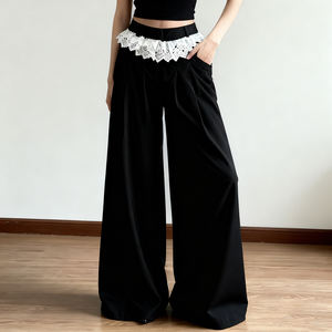 Pantalon de costume noir pour femme, style américain, avec bordure en dentelle, patchwork, taille basse, coupe slim, décontracté, drapé, long - Product Image 3