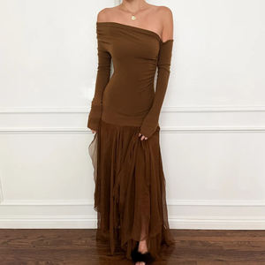 Robe maxi élégante à manches longues en patchwork de maille pour femmes, coupe ajustée, ourlet asymétrique, robe de soirée - Product Image 1