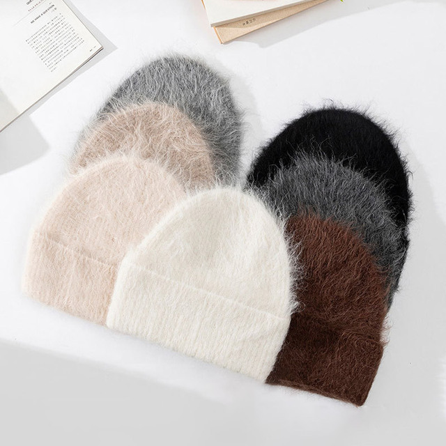 2025 Wholesale Winter Warm Plush Furry Fur Hat Solid Color Elegant Soft Women Cashmere Wool Knit Hat