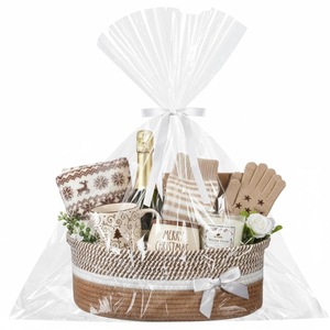 Cesta de Regalo Navideña de Cuerda Tejida Vacía con Lazos, Moño y Bolsa, Cofre Decorativo Vacío para Regalos con Asas, Decoración del Hogar - Product Image 1