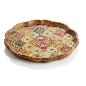 Plateau de service en bois émaillé, imprimé floral, bord festonné, fait main, pour table à manger, décoration intérieure, usage artisanal - Product Image 1