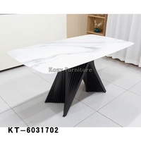 Table à manger rectangulaire personnalisée en pierre frittée, plateau de table en dalle de roche de luxe, design créatif, support métallique, mobilier de salle à manger