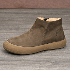 Ankle Bootie Genuine Leather <b>Round</b> <b>Toe</b> Chunky <b>Heel</b> Height Increasing Retro Style Rubber Outsole Solid Color - Product Image 4