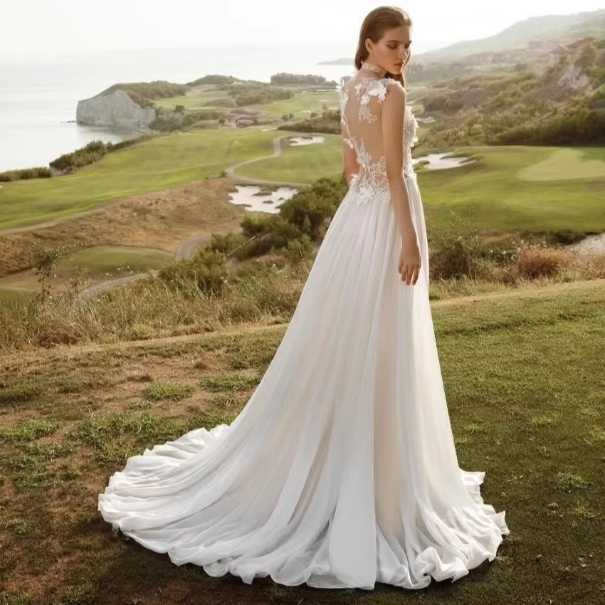 Modest Floral Boho Chiffon Summer Beach Wedding Dresses Illusion