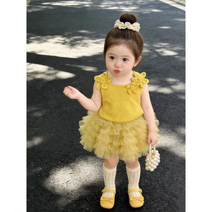 Baby Girl Knitted Bow Camisole <b>Mesh</b> Tutu <b>Two</b>-<b>Piece</b> <b>Set</b> Breathable Summer Outfit - Product Image 3