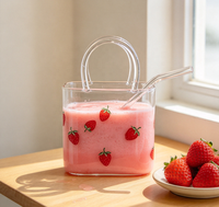 Gobelet en verre en forme de sac à main avec imprimé fraise et paille en verre, verre à boire créatif en borosilicate pour jus, cocktails et fêtes