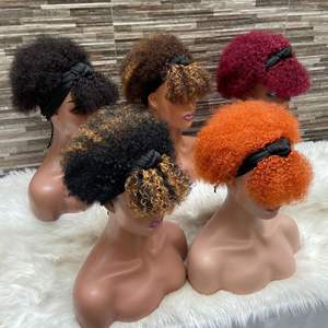 Stock <span class=keywords><strong>de</strong></span> perruques <span class=keywords><strong>de</strong></span> <span class=keywords><strong>cheveux</strong></span> humains vierges Afro Curly Pixie Ic Silk Headband # 1B Natural Black Fluffy Heat-Resistant African Women Boom Wigs - Product Image 1