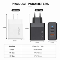 Chargeur mural rapide 120W à 3 ports (2 Type-C, 1 USB) pour téléphone, prise UE/US, logo personnalisé, boîte neutre, vente en gros directe usine