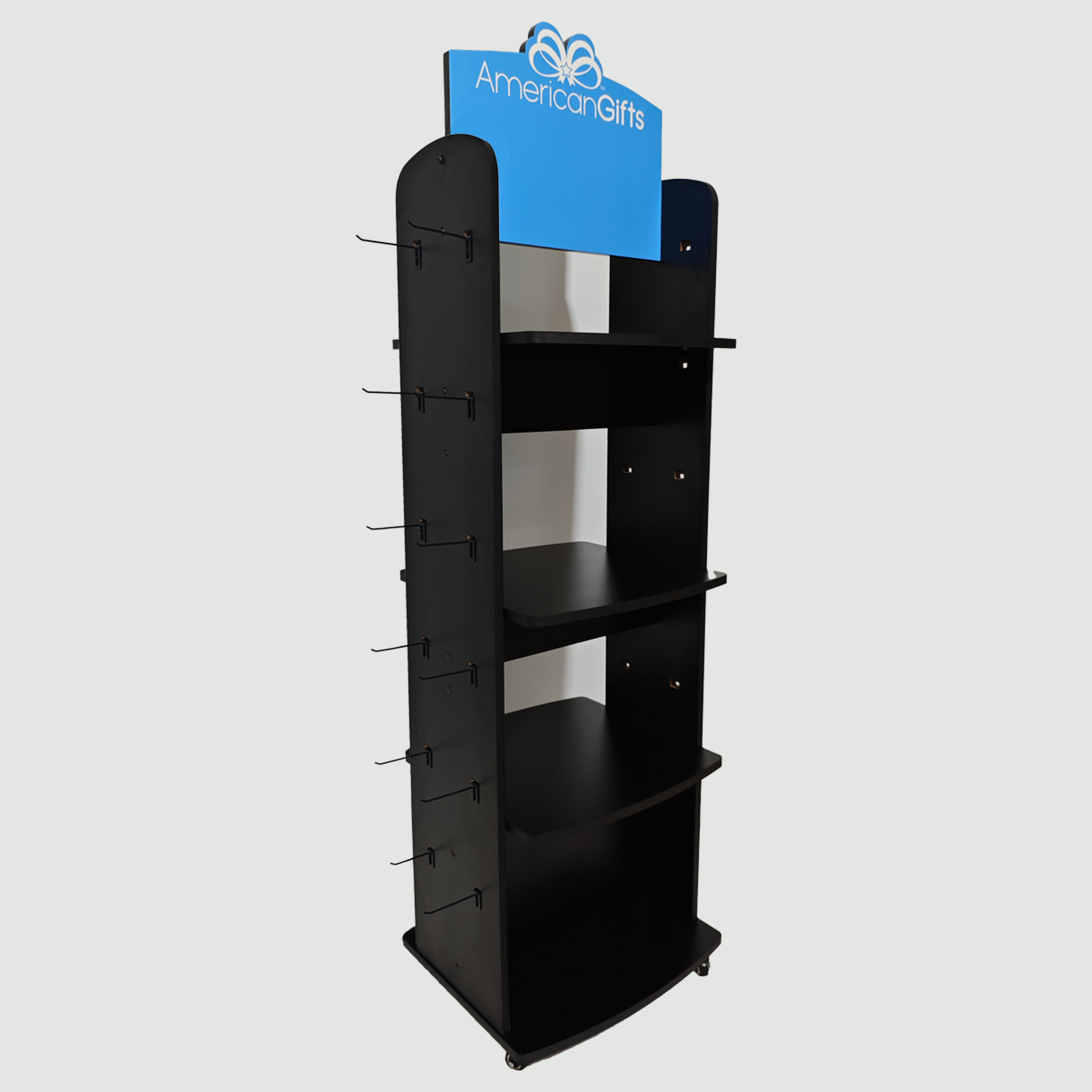 Beverage Bottle Wood Display Racks 4 Tier Wooden Shelf with Side Hooks and Caster — view 1