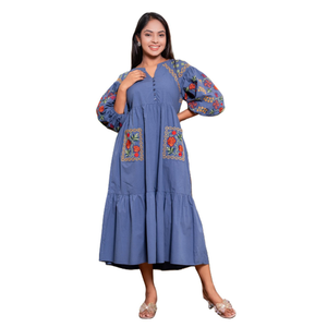 Vestido Midi Bordado Floral Azul Romántico y Duradero al por Mayor para Mujer, Ropa de Boutique - Product Image 1