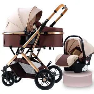 Factory supply Luxury Twins Stroller 3 in 1 High landscape Aluminum Frame Folding Double Pram Two Baskets Baby Carriage