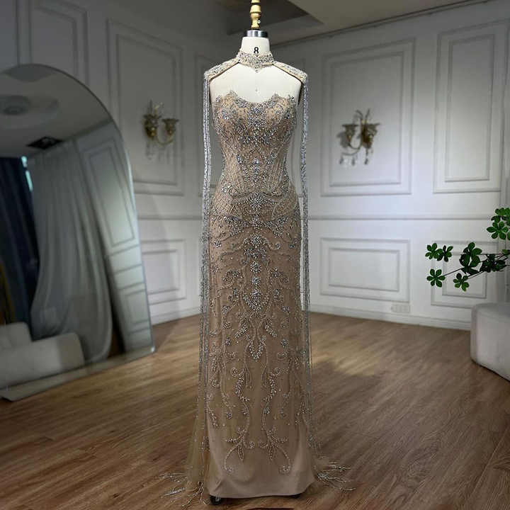 2025 Arabic Silver Nude Mermaid Beaded Crystal Luxury Dubai Evening Dresses Gowns for Women Wedding Party LA72411