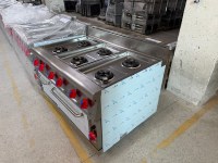 Four combiné professionnel robuste OUTE pour cuisine commerciale, gaz autonome 6 brûleurs avec four et petit meuble, en acier inoxydable SUS304/201