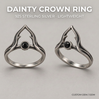 Bague Couronne Légère et Délicate en Argent Sterling 925 avec Pierre Noire, Bijoux Personnalisés, Conception OEM ODM, Marque Privée, MOQ Flexible