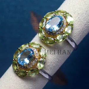 Meihan Natural 6A Blue Topaz & Peridot 925 Silver Adjustable Women Ring Gem Cutting For Jewelry Making Gift