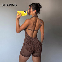 Nouvel ensemble de yoga une pièce imprimé léopard pour femme, avec col licou, dos ouvert et short push-up, collection transfrontalière complète