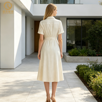 Robe chemise en lin beige naturel écologique sur mesure pour femme, boutonnée sur le devant, avec ceinture, coupe trapèze, longueur midi, fabrication OEM/ODM, vente en gros