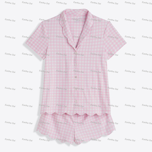 <span class=keywords><strong>Pigiama</strong></span> Estivo per Bambine, Set Rosa a Quadretti con Bordo Smerlato, <span class=keywords><strong>2</strong></span> <span class=keywords><strong>Pezzi</strong></span> con Bottoni, Abbigliamento da Notte per Bambine - Product Image 3