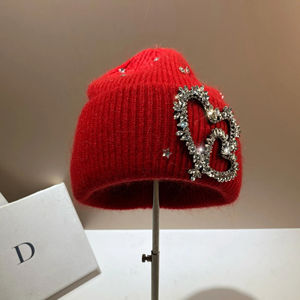 Cappello da donna con pelliccia di coniglio lavorato a maglia con strass di lusso con motivo a cuore cappelli firmati da donna berretto da passeggio caldo - Product Image 4