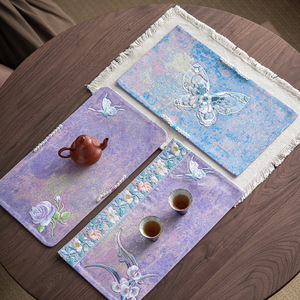 Tapis à thé chinois brodé à la main avec des papillons, tapis à thé chinois perlé pour infusion à sec, tapis en tissu pour infusion à sec à domicile, tissu à thé, tapis à thé. - Product Image 1